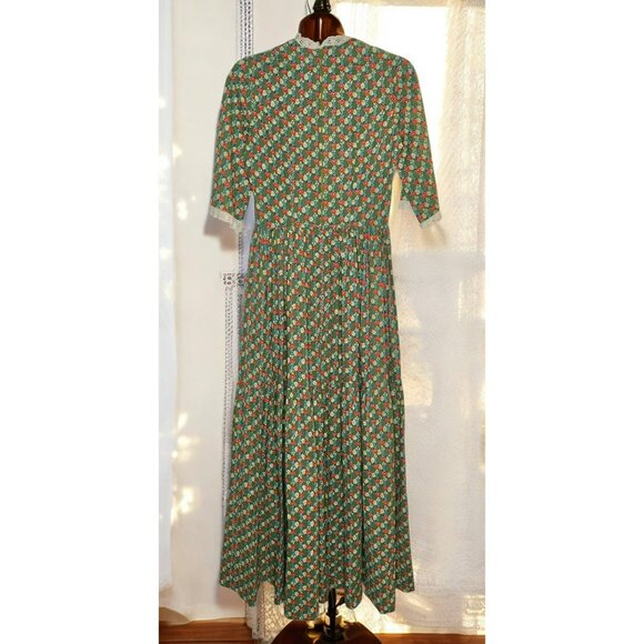 Handmade 70s Prairie Green Floral Cottagecore Farm Dress Lace Trim Button - Picture 3 of 16